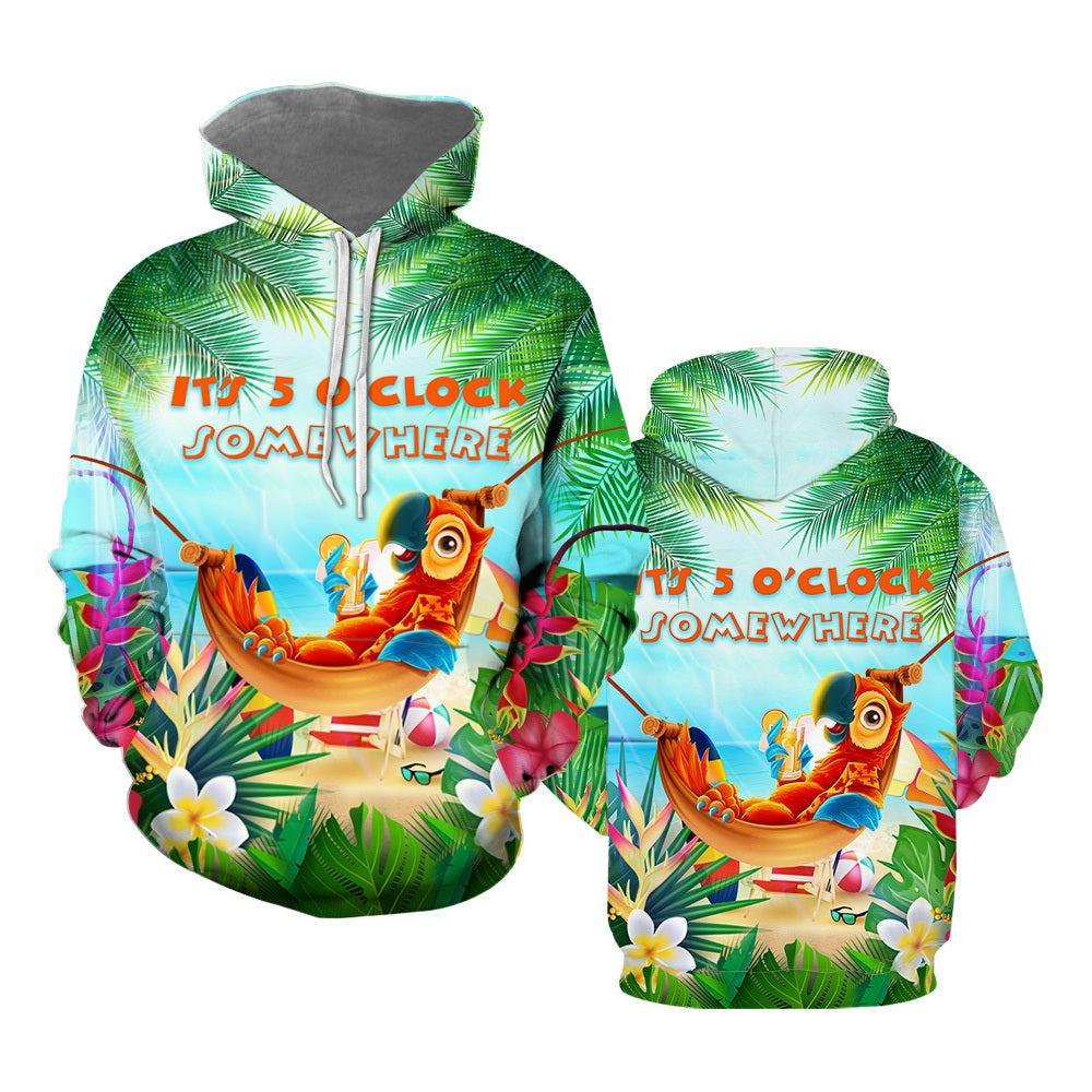 Parrot Unisex Aloha Hoodie, Tropical Leaves, Parrot It’s Five O’clock Somewhere Parrots Unisex Hoodie For Men & Women, Parrot Lover - Amzanimalsgift