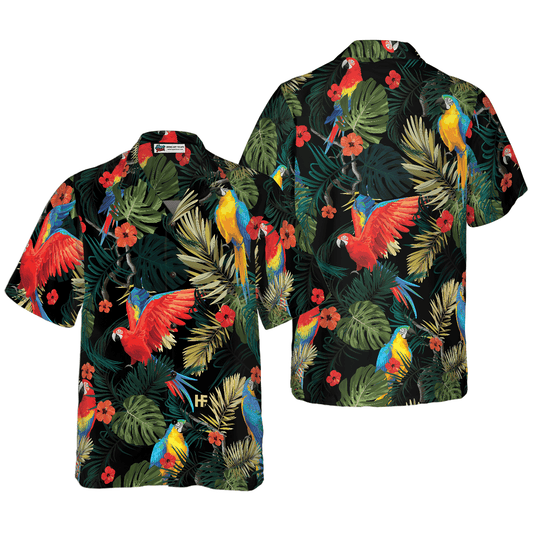 Parrots Hawaiian Shirt, Parrots Dark Tropical Pattern Hawaiian Shirt, Colorful Summer Aloha Shirts For Men Women, Gift For Husband, Wife, Friend - Amzanimalsgift