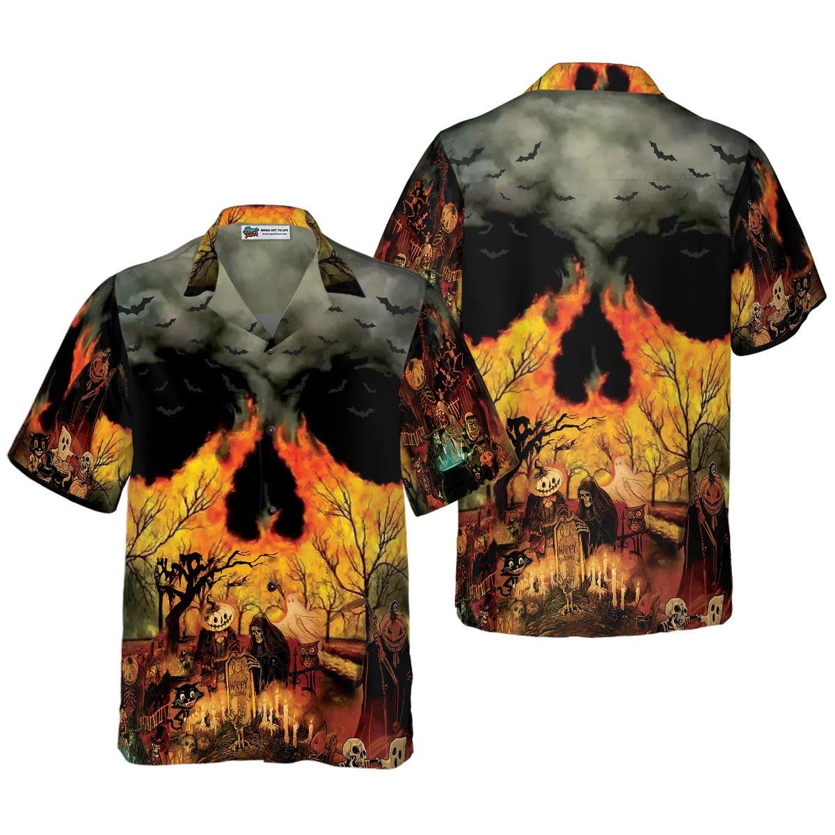 Party At Halloween Night Hawaiian Shirt, Fire Skull Hawaiian Shirt - Perfect Gift For Lover, Friend, Family - Amzanimalsgift