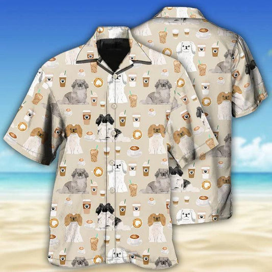 Pekingese Aloha Hawaii Shirt - Dog And Coffee Basic Hawaiian Shirt For Summer - Perfect Gift For Dog Lovers, Friend, Family - Amzanimalsgift