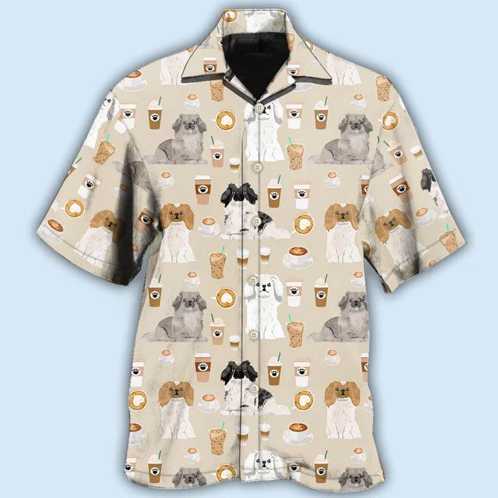 Pekingese Aloha Hawaii Shirt - Dog And Coffee Basic Hawaiian Shirt For Summer - Perfect Gift For Dog Lovers, Friend, Family - Amzanimalsgift