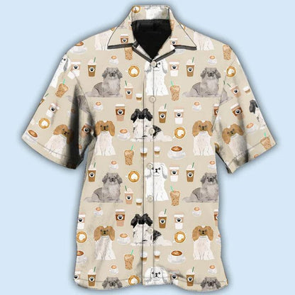 Pekingese Aloha Hawaii Shirt - Dog And Coffee Basic Hawaiian Shirt For Summer - Perfect Gift For Dog Lovers, Friend, Family - Amzanimalsgift