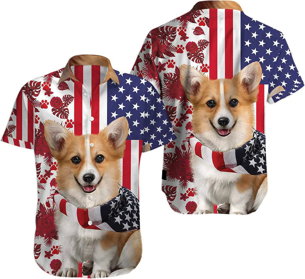 Pembroke Welsh Corgi Aloha Hawaiian Shirts For Summer, 4th of July Independence Day USA Flag America's Day Hawaiian Shirt For Men Women, Dog Lovers - Amzanimalsgift