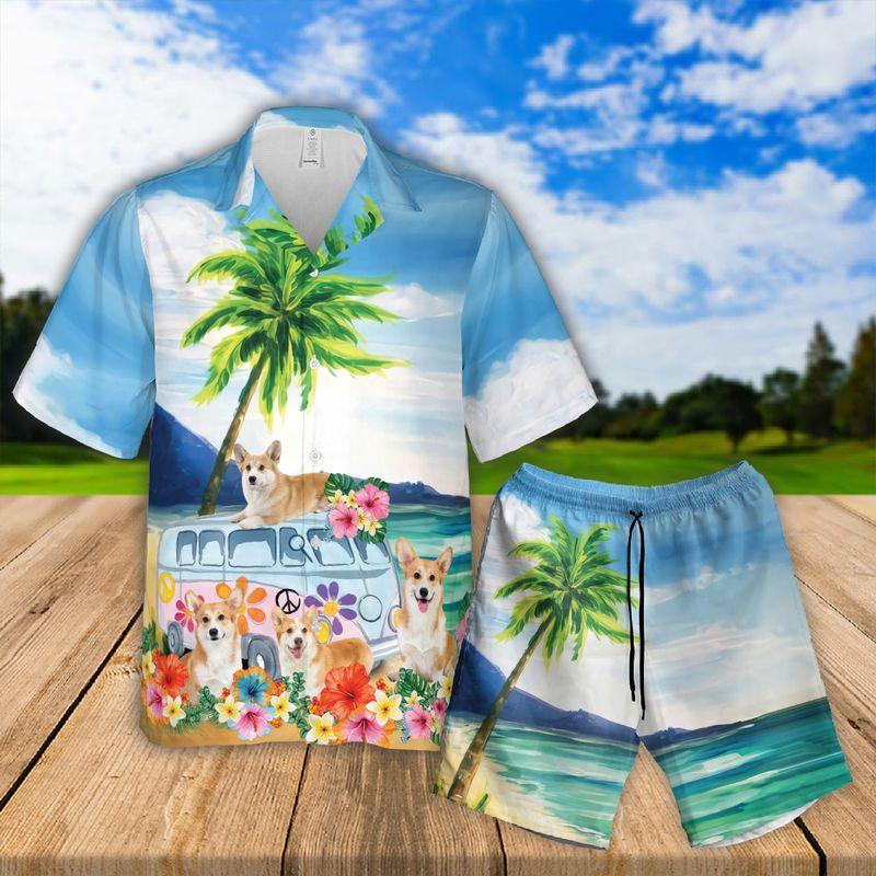 Pembroke Welsh Corgi Aloha Hawaiian Shirts For Summer, Cute Corgi Dog Tropical Floral Hawaiian Set For Men Women, Gift For Dog Lovers, Dog Mom Dad - Amzanimalsgift