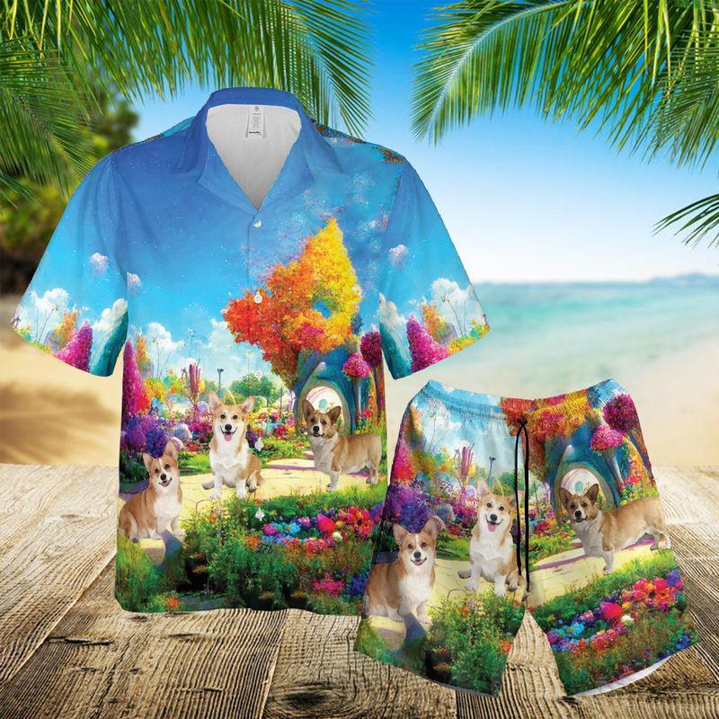 Pembroke Welsh Corgi Aloha Hawaiian Shirts For Summer, Puppies Dog Colorful Forest Hawaiian Set For Men Women, Gift For Friend, Family, Dog Lovers - Amzanimalsgift