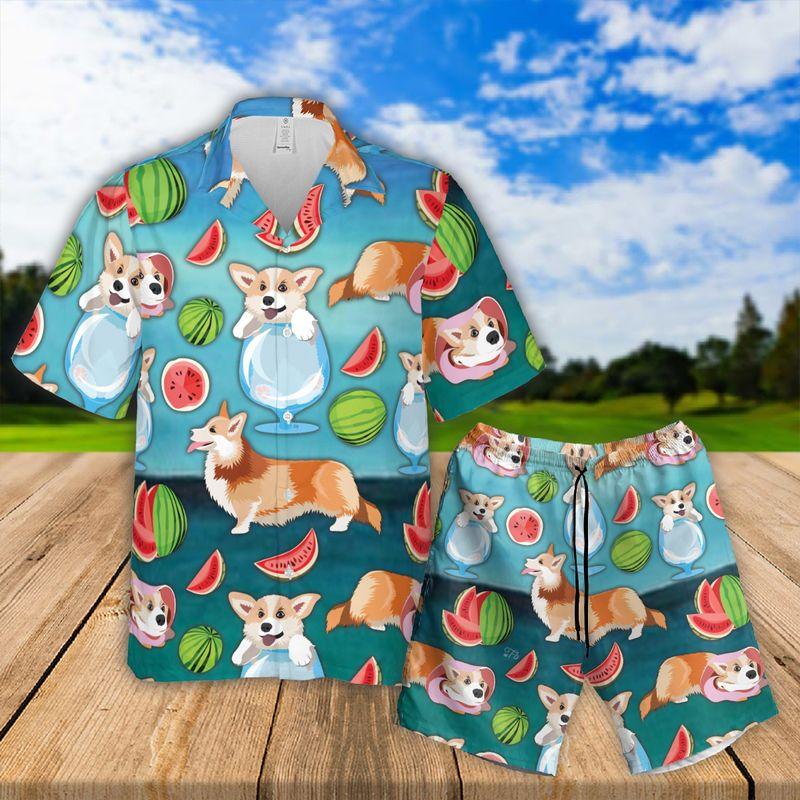 Pembroke Welsh Corgi Aloha Hawaiian Shirts For Summer, Puppy Watermelon Pattern Hawaiian Set For Men Women, Gift For Dog Owner, Dog Lover, Dog Mom Dad - Amzanimalsgift