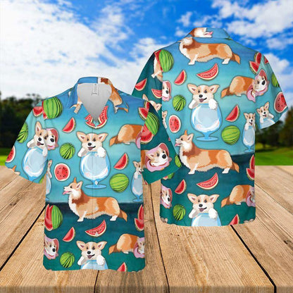 Pembroke Welsh Corgi Aloha Hawaiian Shirts For Summer, Puppy Watermelon Pattern Hawaiian Set For Men Women, Gift For Dog Owner, Dog Lover, Dog Mom Dad - Amzanimalsgift