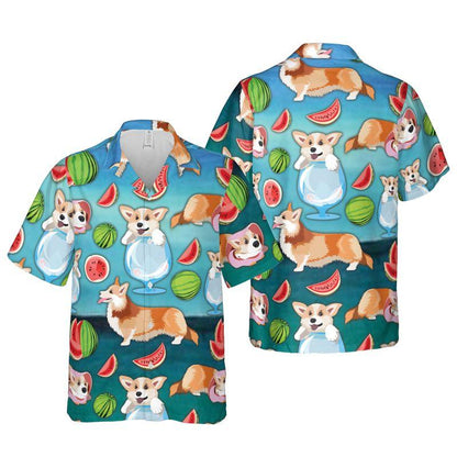 Pembroke Welsh Corgi Aloha Hawaiian Shirts For Summer, Puppy Watermelon Pattern Hawaiian Set For Men Women, Gift For Dog Owner, Dog Lover, Dog Mom Dad - Amzanimalsgift