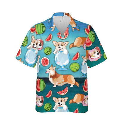 Pembroke Welsh Corgi Aloha Hawaiian Shirts For Summer, Puppy Watermelon Pattern Hawaiian Set For Men Women, Gift For Dog Owner, Dog Lover, Dog Mom Dad - Amzanimalsgift