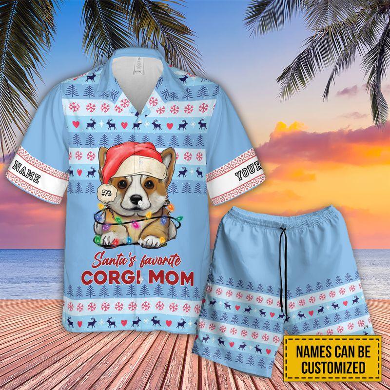 Pembroke Welsh Corgi Custom Name Aloha Hawaiian Shirts For Summer, Puppy Santa's Favorite Corgi Mom Personalized Hawaiian Set For Men Women Dog Lovers - Amzanimalsgift