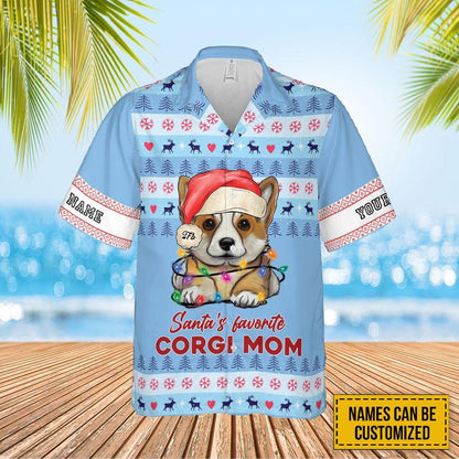 Pembroke Welsh Corgi Custom Name Aloha Hawaiian Shirts For Summer, Puppy Santa's Favorite Corgi Mom Personalized Hawaiian Set For Men Women Dog Lovers - Amzanimalsgift