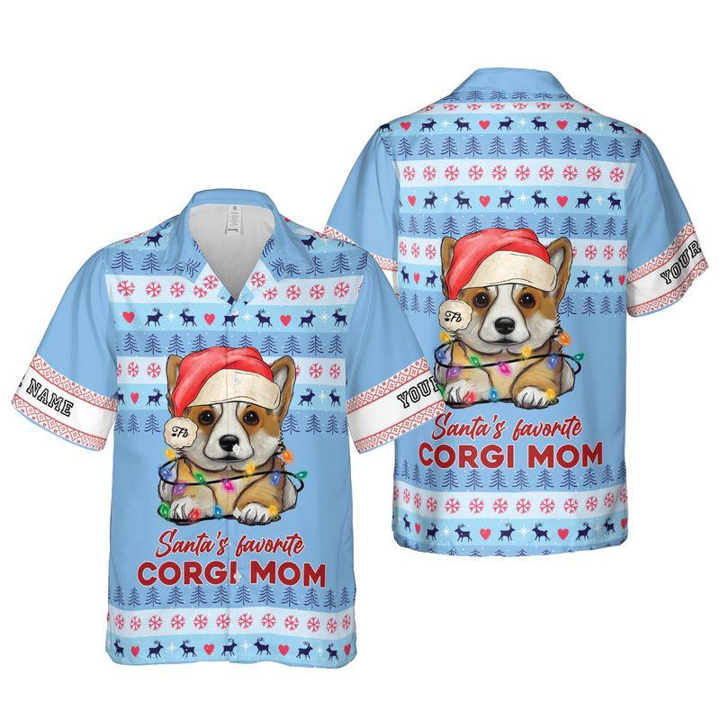 Pembroke Welsh Corgi Custom Name Aloha Hawaiian Shirts For Summer, Puppy Santa's Favorite Corgi Mom Personalized Hawaiian Set For Men Women Dog Lovers - Amzanimalsgift