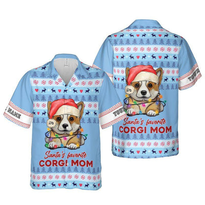 Pembroke Welsh Corgi Custom Name Aloha Hawaiian Shirts For Summer, Puppy Santa's Favorite Corgi Mom Personalized Hawaiian Set For Men Women Dog Lovers - Amzanimalsgift