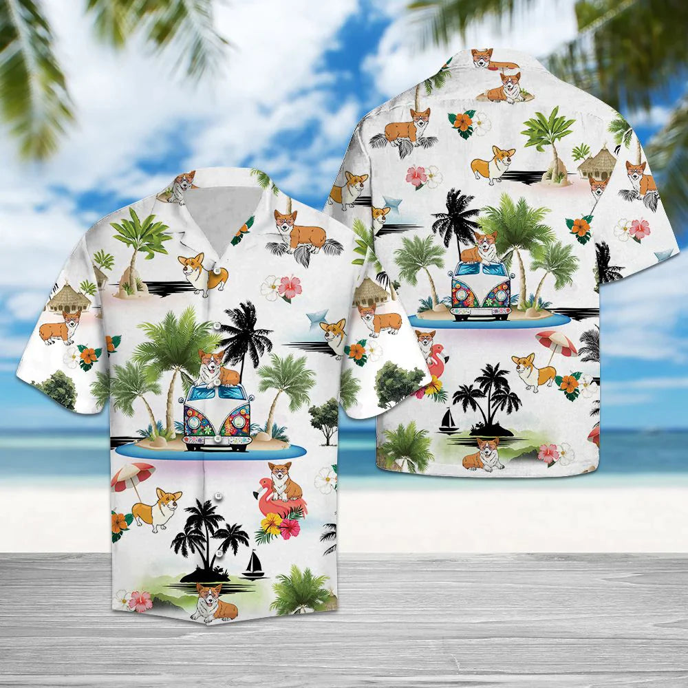 Pembroke Welsh Corgi Hawaiian Shirt, Corgi Hippie Car Palm Aloha Shirt For Men Women - Perfect Gift For Dog Lovers, Husband, Boyfriend, Friend, Wife - Amzanimalsgift
