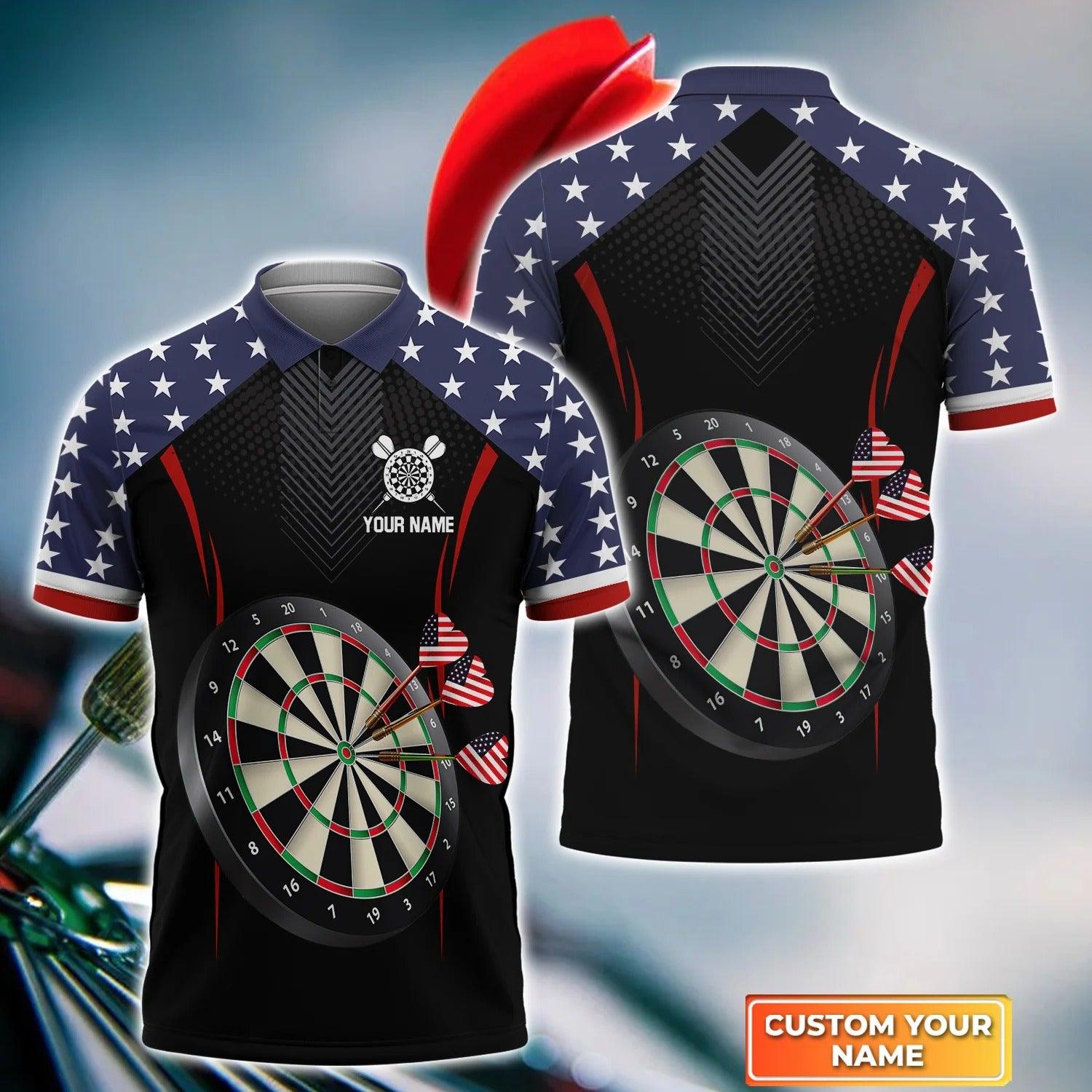 Personalised Darts Polo Shirts, Darts American Flag Black Background Custom Name Men Polo Shirts - Perfect Gift For Men, Darts Player, Darts Lover - Amzanimalsgift
