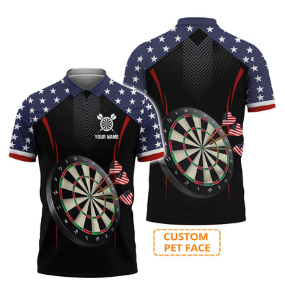 Personalised Darts Men's Long Sleeve Polo Shirt, Darts American Flag Black Background Custom Name Men's Long Sleeve Polo Shirt - Perfect Gift For Men, Darts Player, Darts Lover
