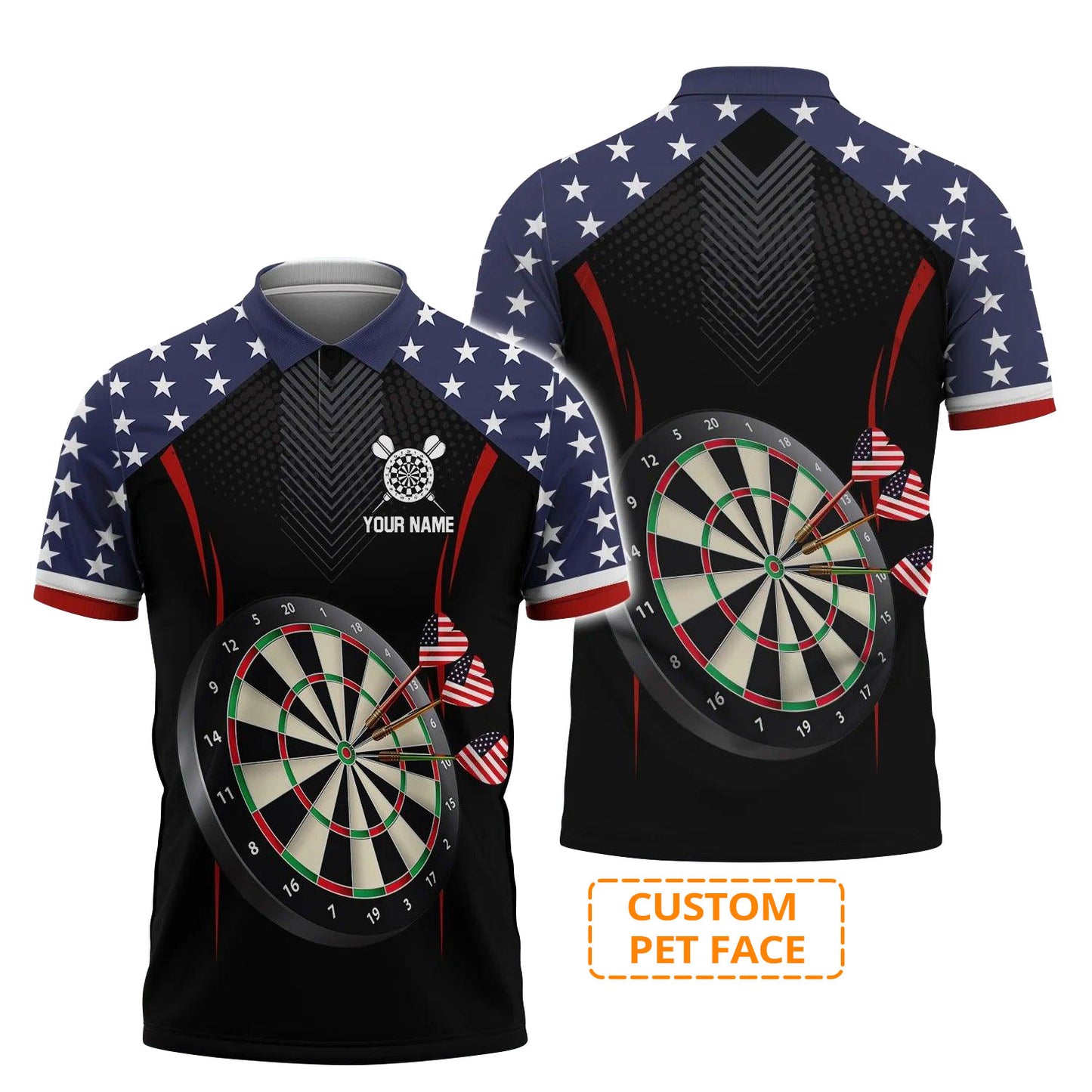 Personalised Darts Polo Shirts, Darts American Flag Black Background Custom Name Men Polo Shirts - Perfect Gift For Men, Darts Player, Darts Lover