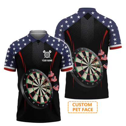 Personalised Darts Polo Shirts, Darts American Flag Black Background Custom Name Men Polo Shirts - Perfect Gift For Men, Darts Player, Darts Lover
