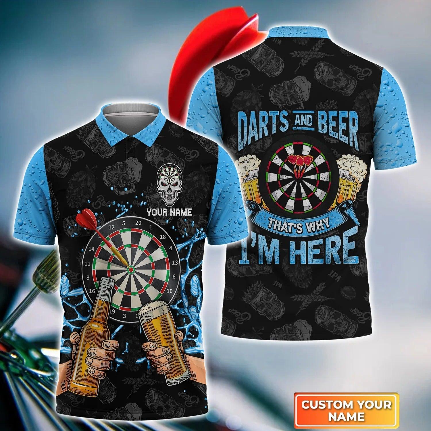 Personalised Darts Polo Shirts, Darts And Beer That's Why I'm Here Skull Background Custom Name Men Polo Shirts - Perfect Gift For Men, Darts Player - Amzanimalsgift