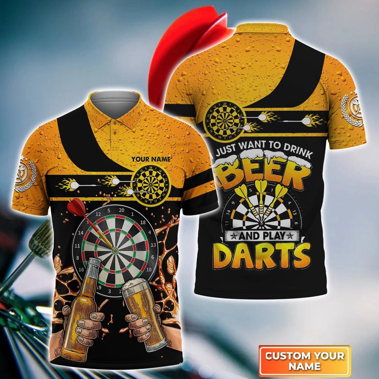 Personalised Darts Polo Shirts, Just Want To Drink Beer And Play Darts Custom Name Men Polo Shirts - Perfect Gift For Men, Darts Player, Dart Lovers - Amzanimalsgift