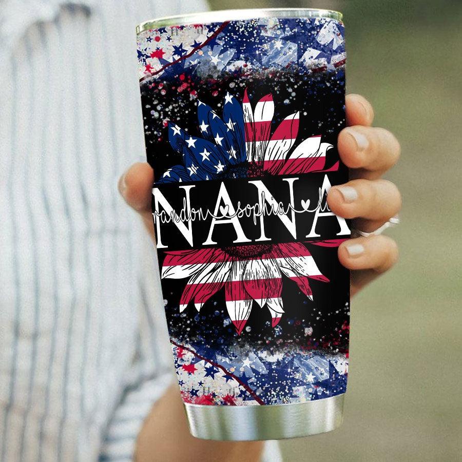 Personalized 4th Of July Tumbler - Patriotic Nana Sunflower US Flag & Kid Custom Name Stainless Steel Tumbler Cup Gift For Independence Day, Family - Amzanimalsgift