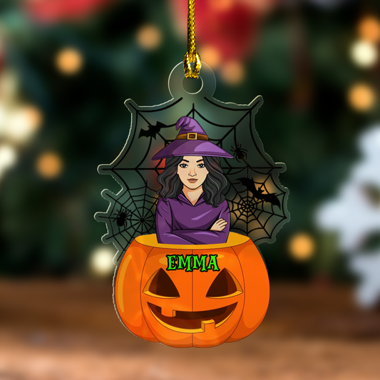 Personalized Acrylic Ornament Woman Witch In The Pumpkin, Perfect Halloween Gift For Family Members, Friends