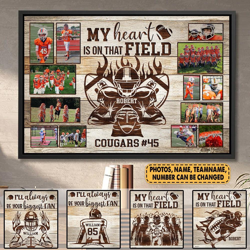 Personalized American Football Player Landscape Canvas - My Heart Is On That Field, Custom Photo, Name, Team Name Canvas For Friend, Family, Football Lover - Amzanimalsgift