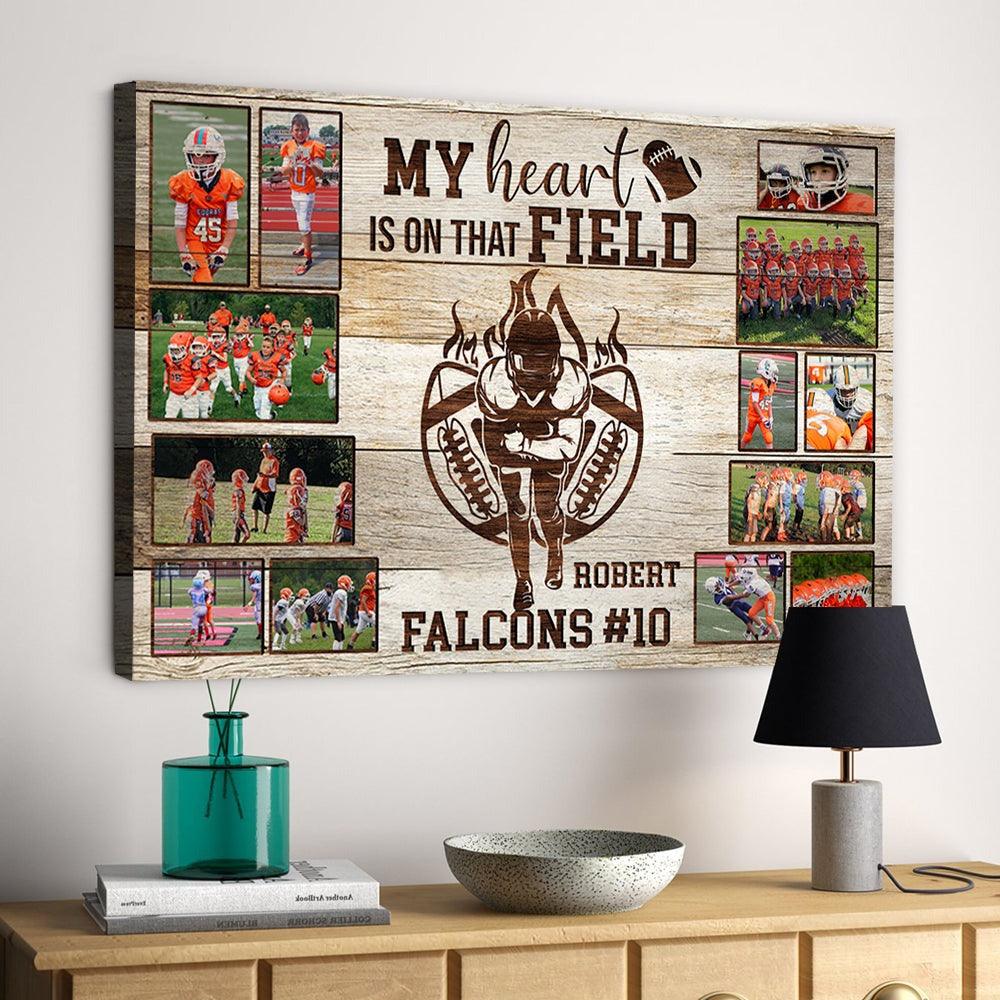 Personalized American Football Player Landscape Canvas - My Heart Is On That Field, Custom Photo, Name, Team Name Canvas For Friend, Family, Football Lover - Amzanimalsgift