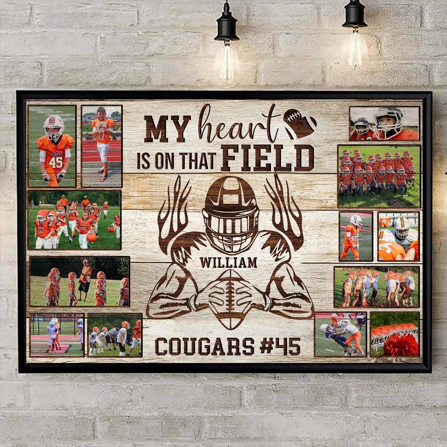 Personalized American Football Player Landscape Canvas - My Heart Is On That Field, Custom Photo, Name, Team Name Canvas For Friend, Family, Football Lover - Amzanimalsgift