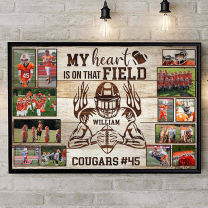 Personalized American Football Player Landscape Canvas - My Heart Is On That Field, Custom Photo, Name, Team Name Canvas For Friend, Family, Football Lover - Amzanimalsgift