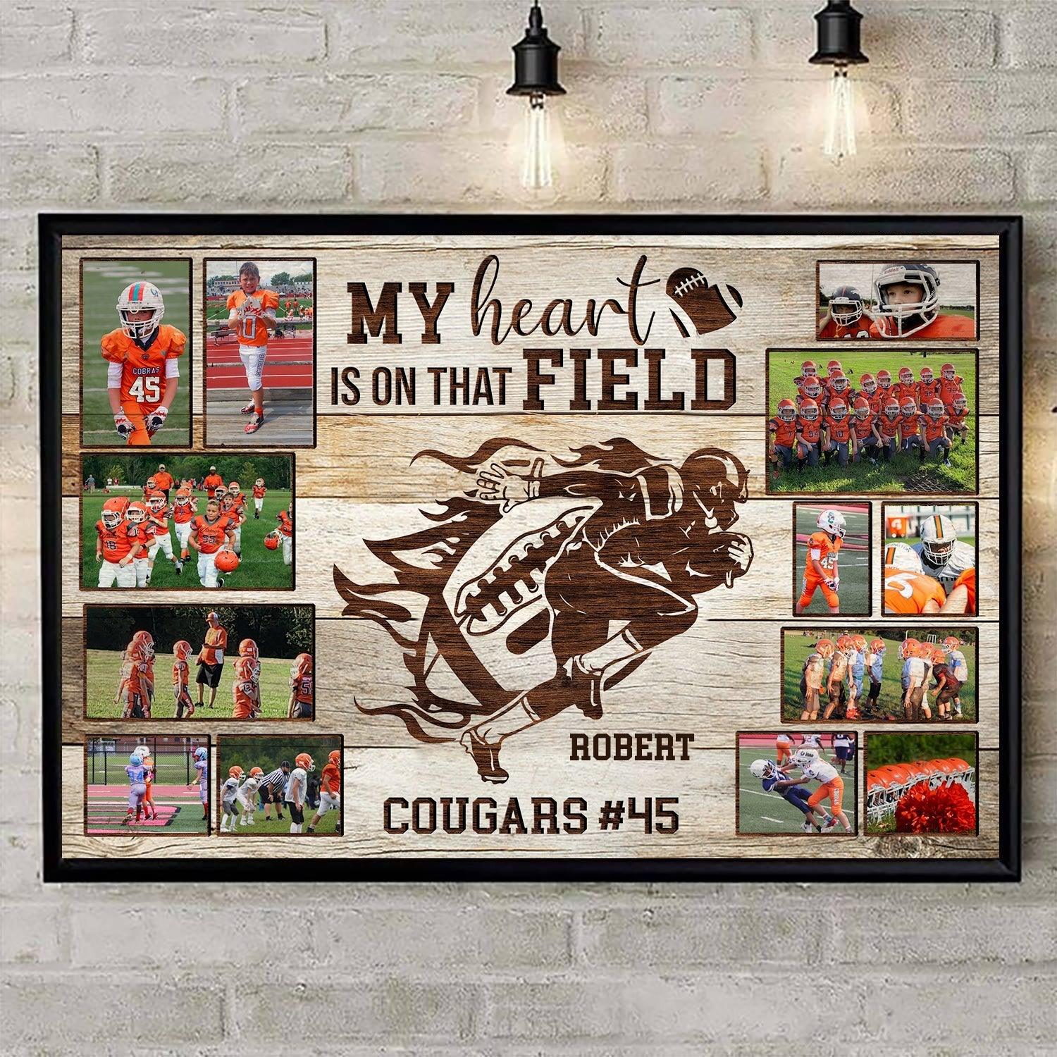 Personalized American Football Player Landscape Canvas - My Heart Is On That Field, Custom Photo, Name, Team Name Canvas For Friend, Family, Football Lover - Amzanimalsgift