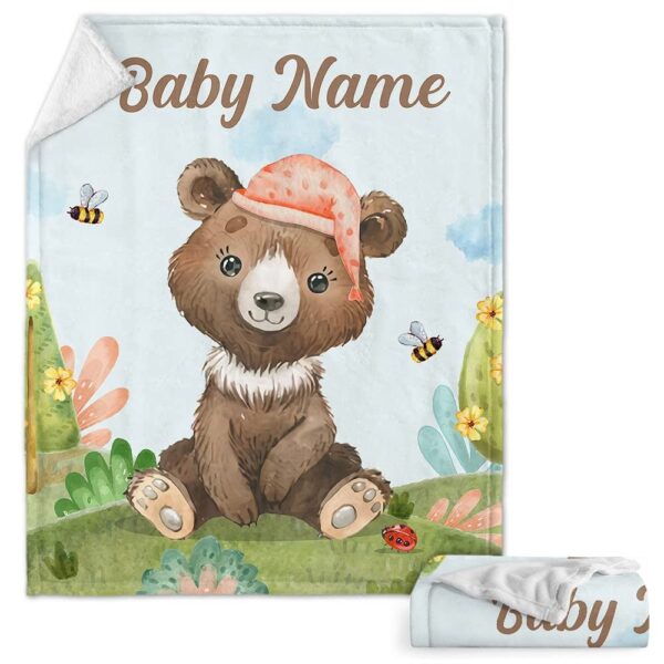 Cute Brown Bear Woodland Baby Kids Blanket With Customized Name, Awesome Gift For Son, Grandson