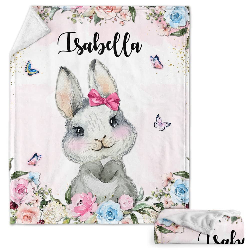 Cute Bunny Butterfly Baby Kids Blanket With Personalized Name For Baby Girl Nursery, Daughter, Granddaughter