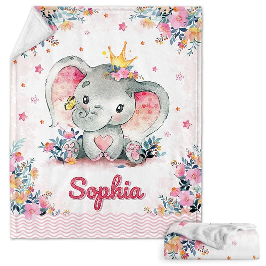 Cute Pink Elephant Baby Kids Blanket With Personalized Name For Baby Girl Nursery, Daughter, Granddaughter