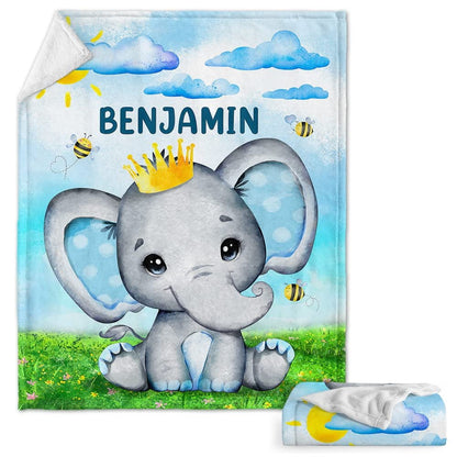 Cute Elephant Prince Baby Kids Blanket With Customized Name, Awesome Gift For Son, Grandson