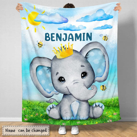 Cute Elephant Prince Baby Kids Blanket With Customized Name, Awesome Gift For Son, Grandson