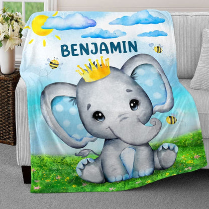 Cute Elephant Prince Baby Kids Blanket With Customized Name, Awesome Gift For Son, Grandson