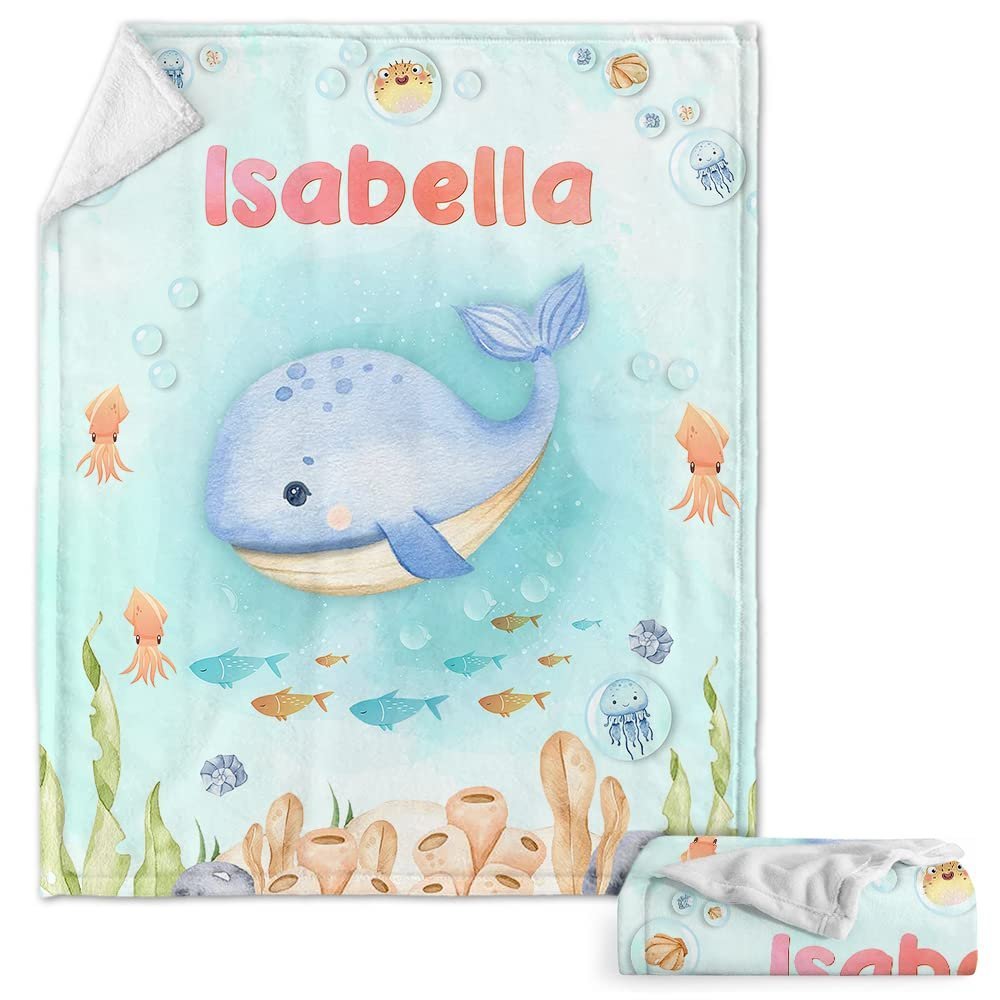 Whale Sea Animals Ocean Baby Kids Blanket With Personalized Name For Baby Girl Nursery, Daughter, Granddaughter