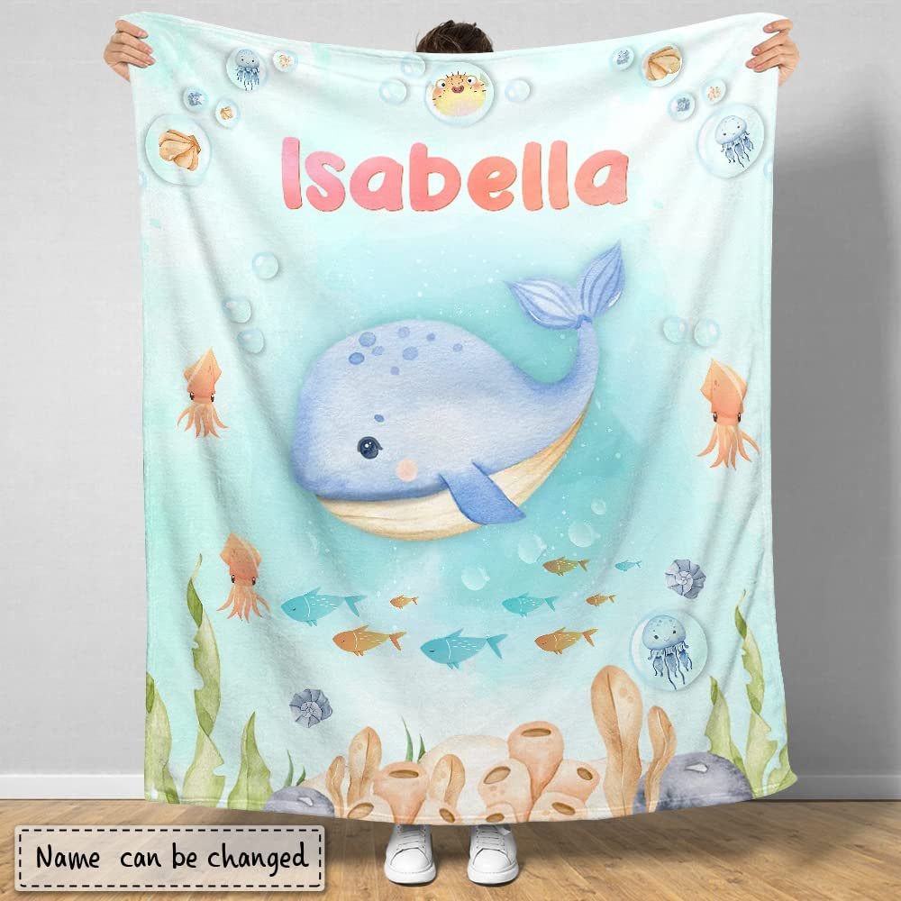 Whale Sea Animals Ocean Baby Kids Blanket With Personalized Name For Baby Girl Nursery, Daughter, Granddaughter