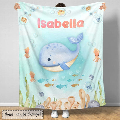 Whale Sea Animals Ocean Baby Kids Blanket With Personalized Name For Baby Girl Nursery, Daughter, Granddaughter