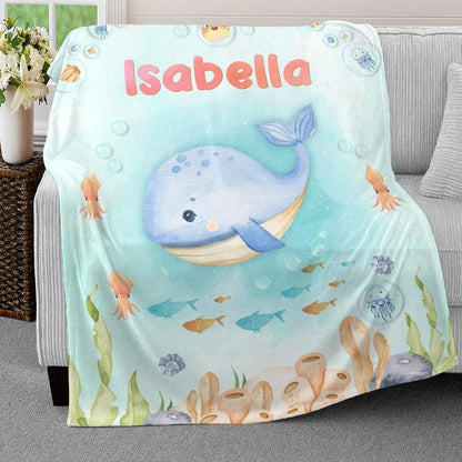 Whale Sea Animals Ocean Baby Kids Blanket With Personalized Name For Baby Girl Nursery, Daughter, Granddaughter