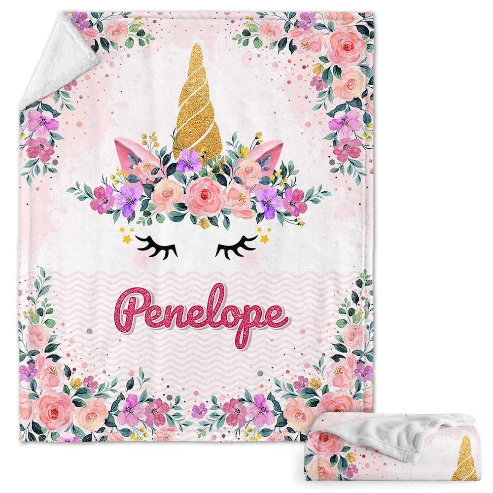 Dreamy Unicorn Flowers Baby Kids Blanket With Personalized Name For Baby Girl Nursery, Daughter, Granddaughter