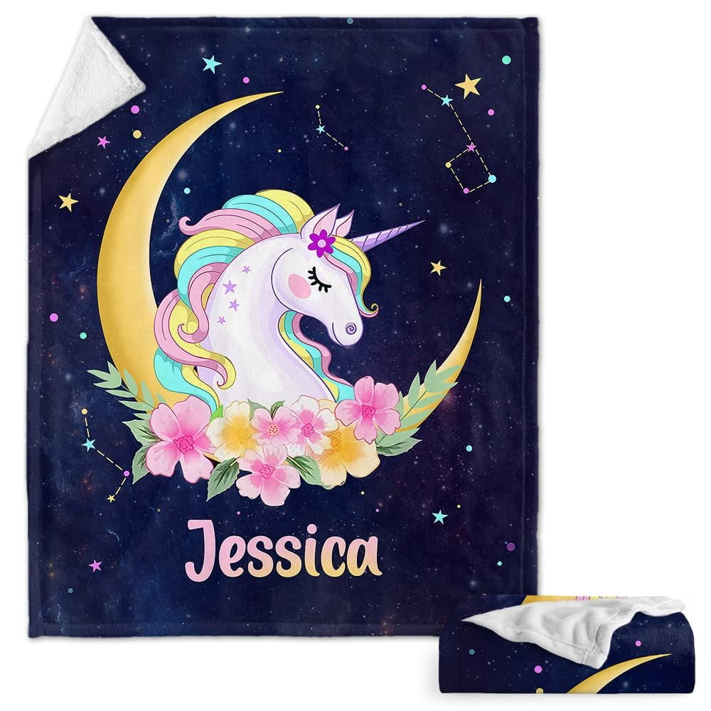 Dreamy Unicorn On Moon Baby Kids Blanket With Personalized Name For Baby Girl Nursery, Daughter, Granddaughter