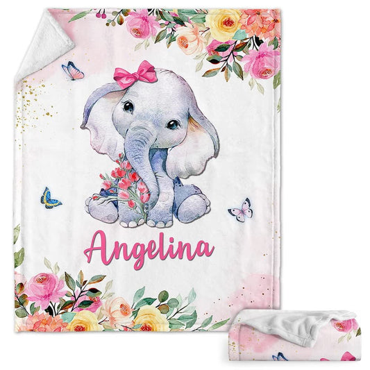 Elephant And Butterfly Flowers Baby Kids Blanket With Custom Name For Baby Girl Nursery, Daughter, Granddaughter