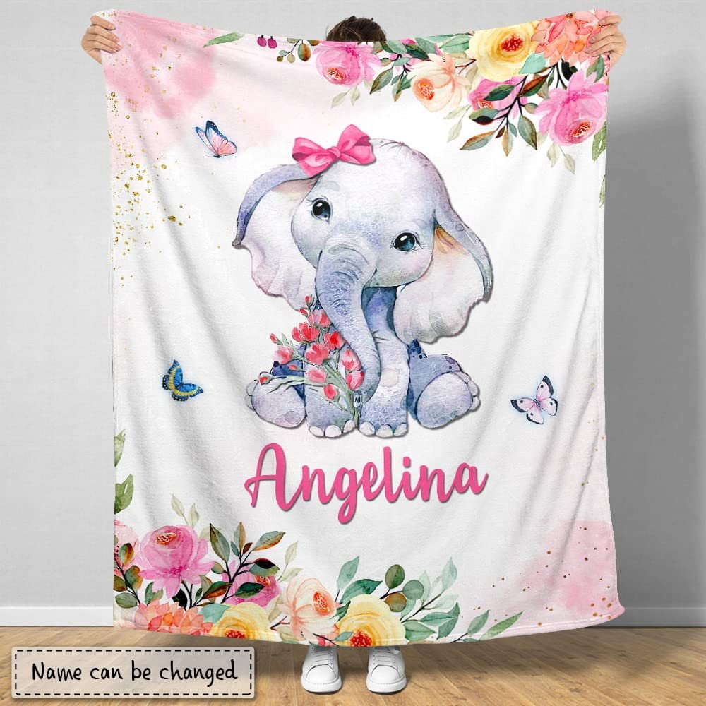 Elephant And Butterfly Flowers Baby Kids Blanket With Custom Name For Baby Girl Nursery, Daughter, Granddaughter