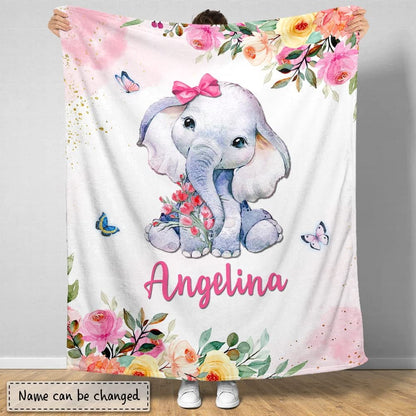 Elephant And Butterfly Flowers Baby Kids Blanket With Custom Name For Baby Girl Nursery, Daughter, Granddaughter