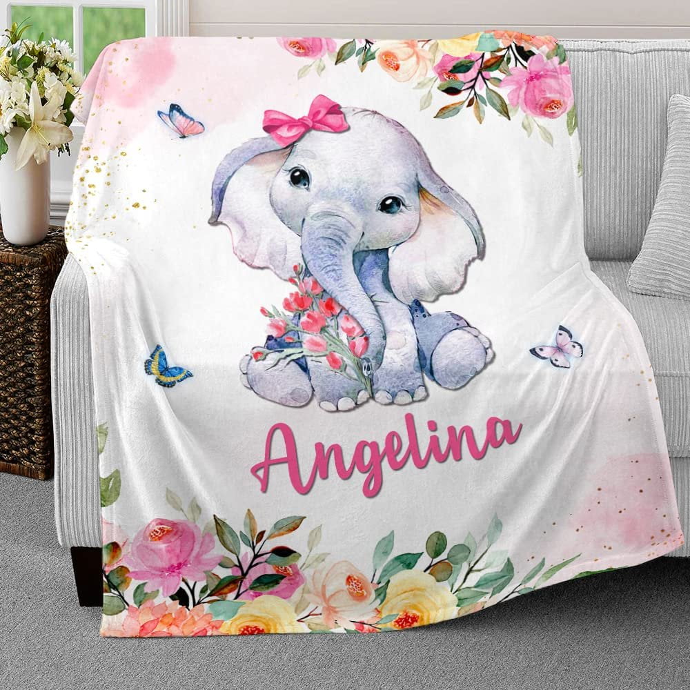 Elephant And Butterfly Flowers Baby Kids Blanket With Custom Name For Baby Girl Nursery, Daughter, Granddaughter