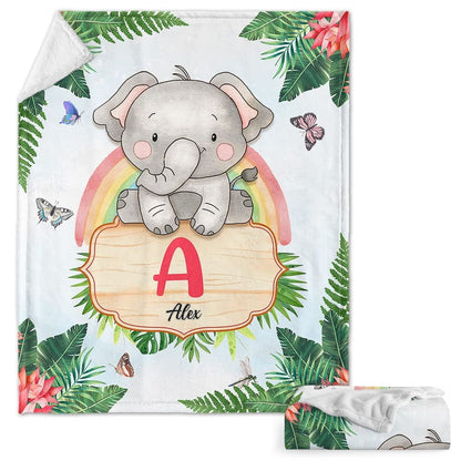 Elephant Monogram Tropical Leaf Baby Kids Blanket With Customized Name, Awesome Gift For Son, Grandson