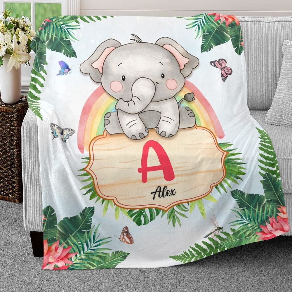 Elephant Monogram Tropical Leaf Baby Kids Blanket With Customized Name, Awesome Gift For Son, Grandson