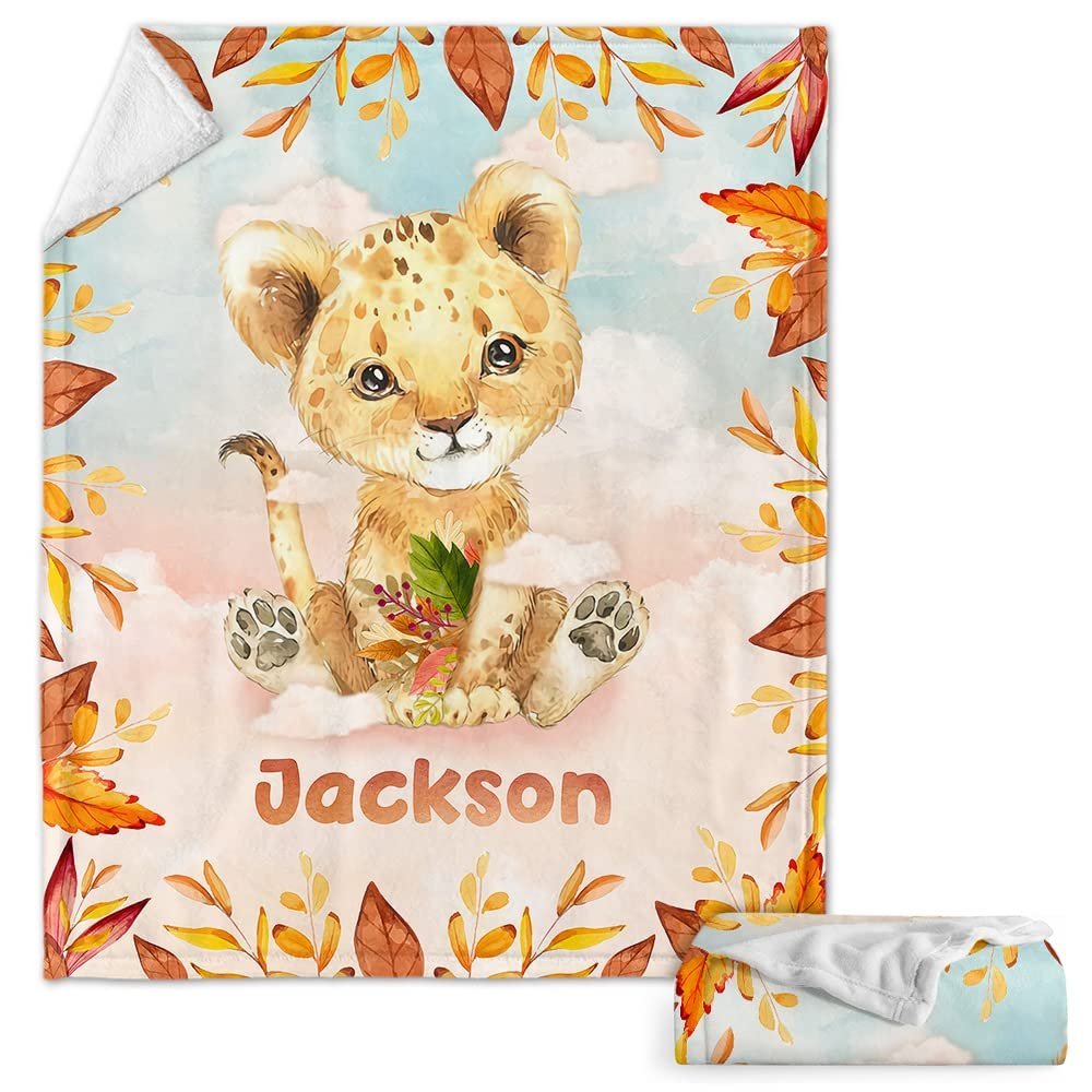 Lion Fall Autumn Leaf Baby Kids Blanket With Personalized Name, Awesome Gift For Son, Grandson